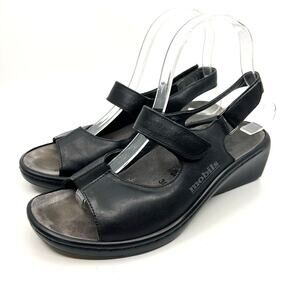 Mephisto Mobils Black Leather Wedge Sandals Women's 7 US